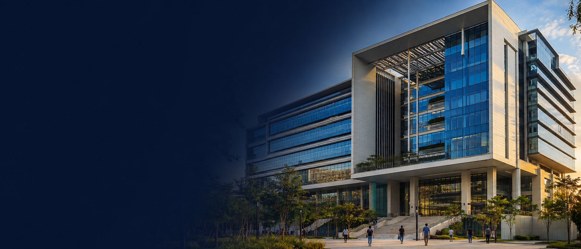 Ilustrasi arsitektur gedung pendidikan modern dengan fasad kaca biru