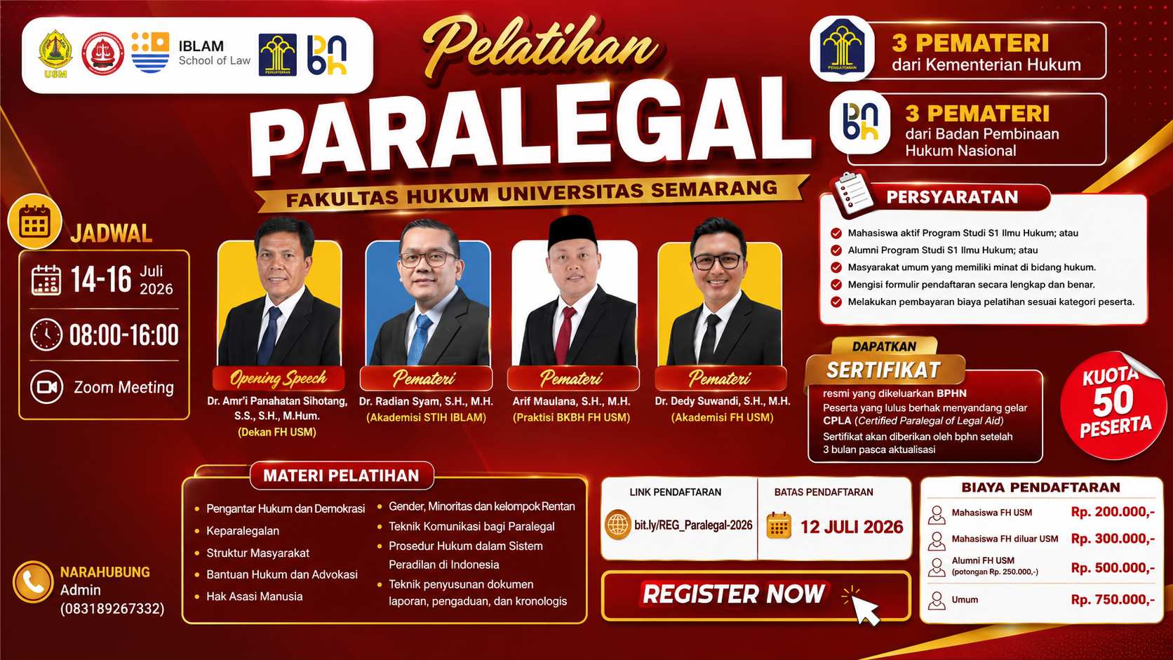 Fakultas Hukum Universitas Semarang Buka Pelatihan Paralegal Bersertifikat BPHN, Pendaftaran Ditutup 12 Juli 2026
