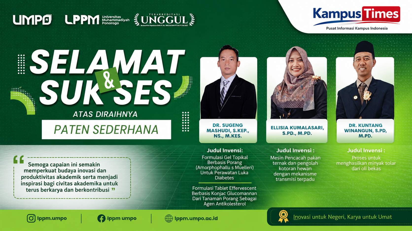 UMPO Kembali Torehkan Prestasi! Tiga Dosen Raih Paten Sederhana, Perkuat Budaya Inovasi untuk Negeri