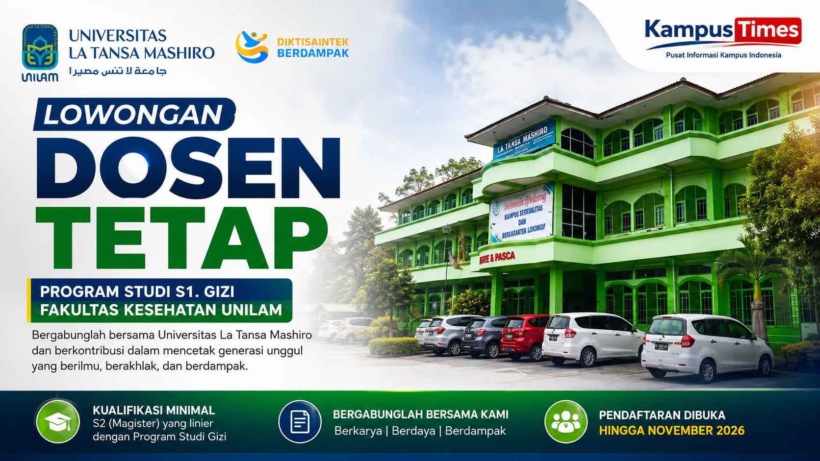 Lowongan Dosen Tetap Universitas La Tansa Mashiro 2026 Dibuka, Prodi S1 Gizi Cari Kandidat Berkualitas