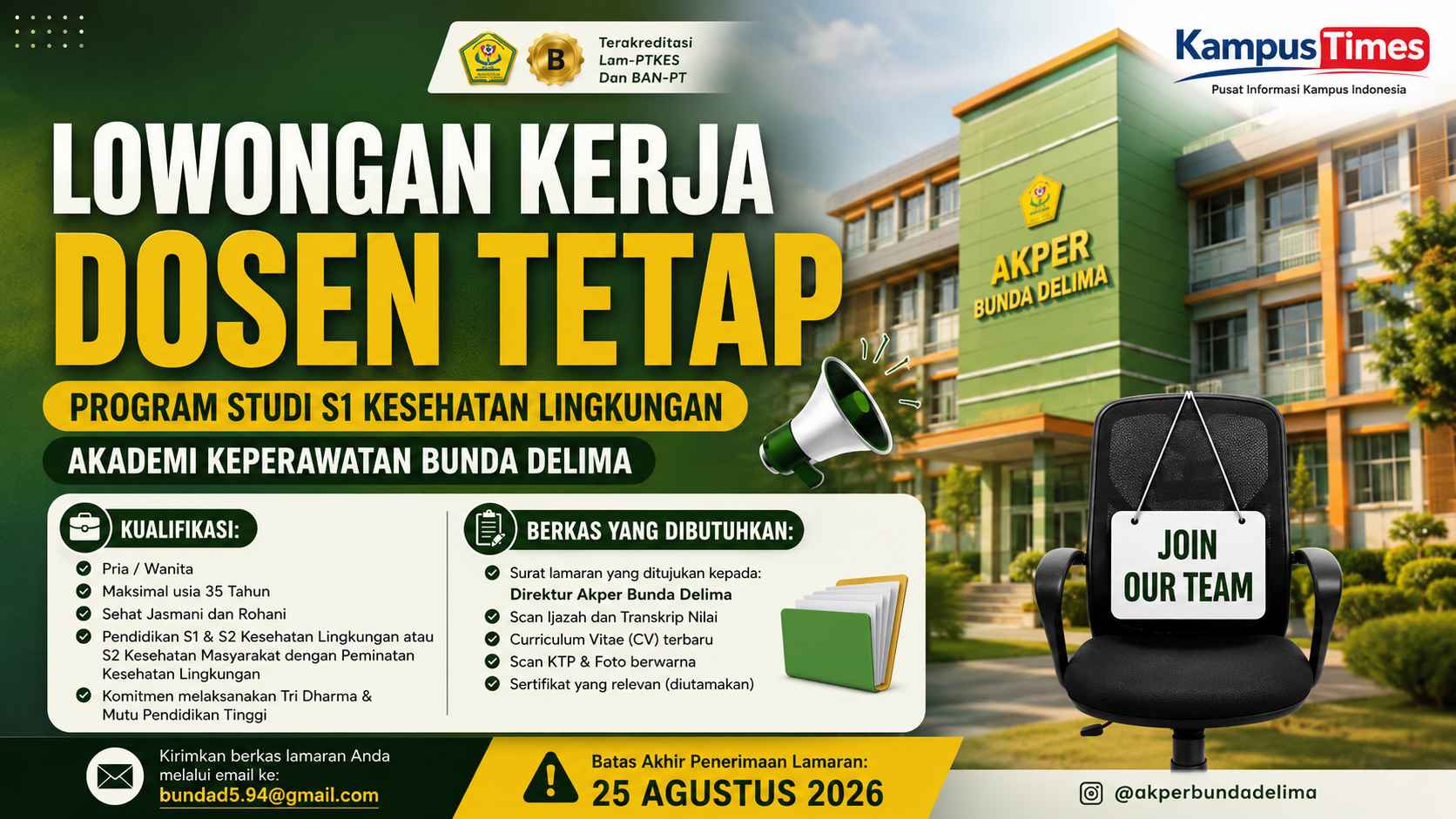 Lowongan Dosen Tetap Akper Bunda Delima 2026 Dibuka, Lulusan S2 Kesehatan Lingkungan Bisa Daftar hingga 25 Agustus