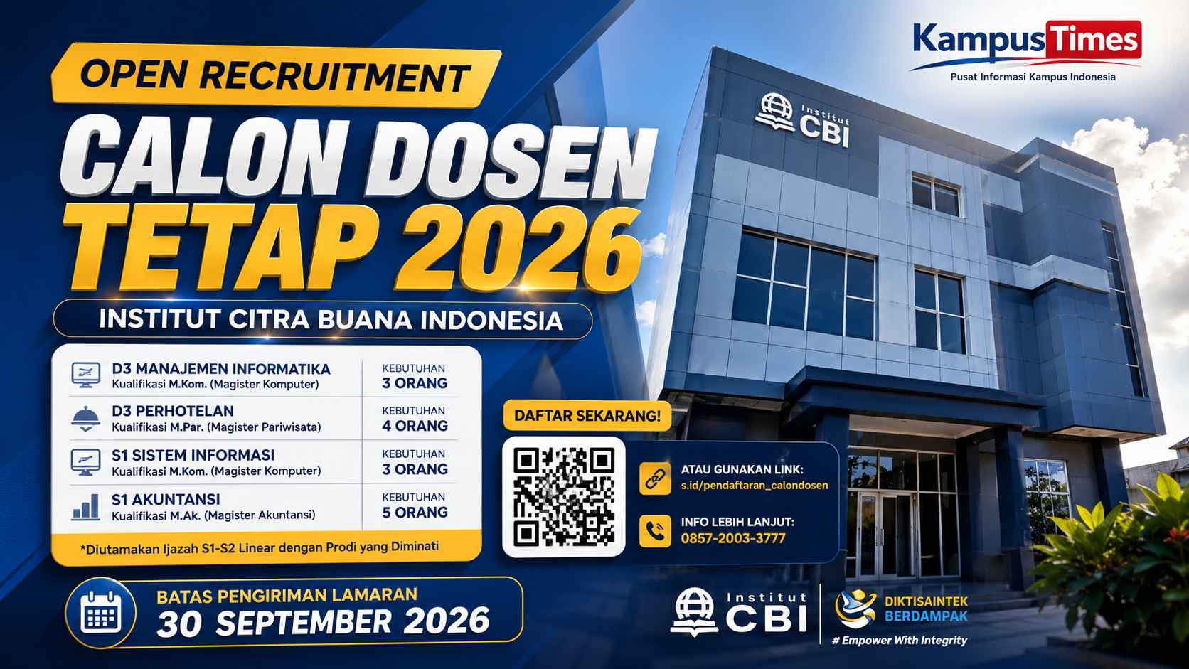 Lowongan Dosen Tetap Institut Citra Buana Indonesia 2026 Dibuka, Simak Formasi, Kualifikasi, dan Cara Daftarnya