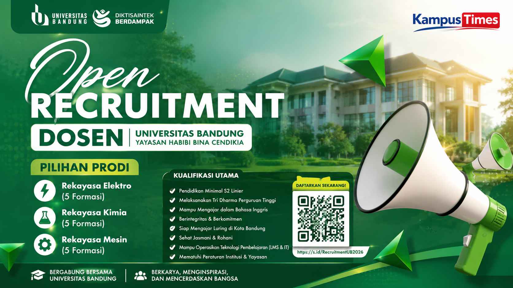 Lowongan Dosen Universitas Bandung 2026 Dibuka, Rekrut 15 Formasi untuk Lulusan S2 Linier