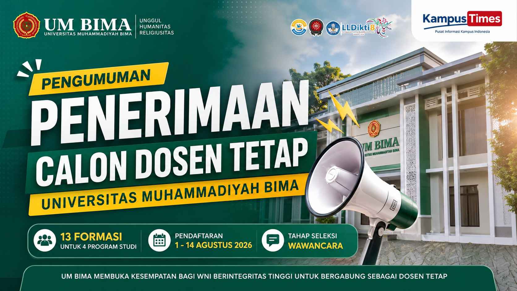 UM Bima Buka Lowongan Dosen Tetap 2026, Simak Formasi, Syarat, dan Jadwal Pendaftarannya