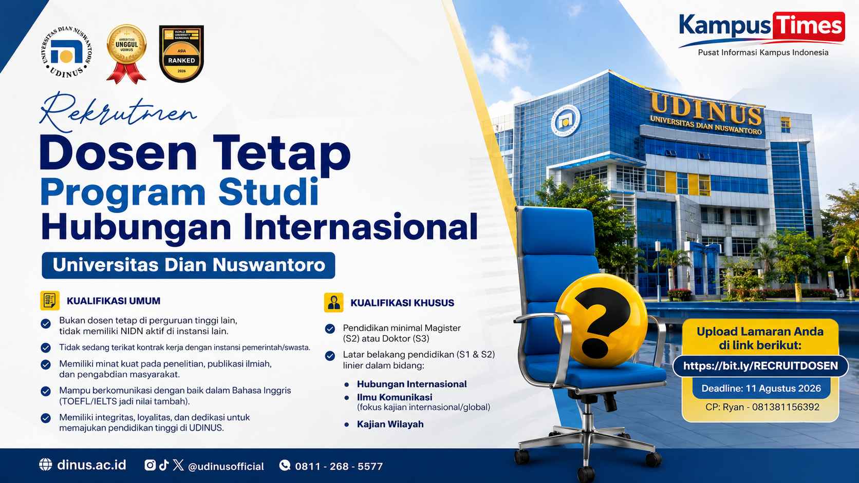 Rekrutmen Dosen Tetap Hubungan Internasional Universitas Dian Nuswantoro Dibuka, Simak Syarat dan Cara Daftarnya