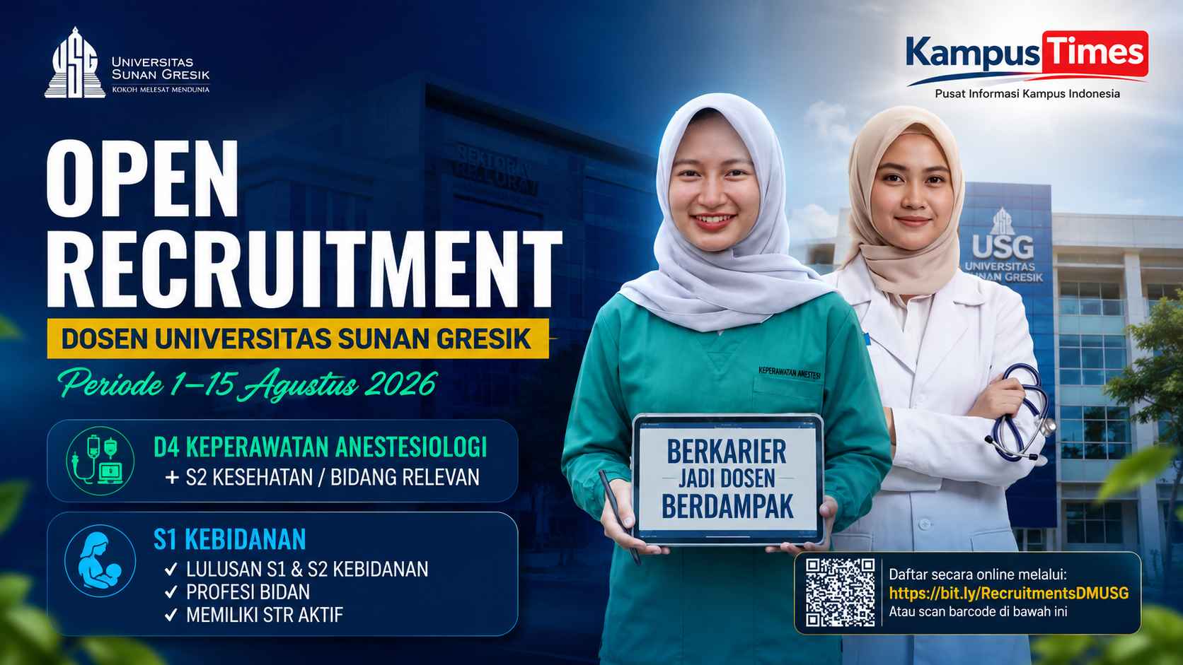Lowongan Dosen Universitas Sunan Gresik Dibuka hingga 15 Agustus 2026, Cek Formasi D4 Keperawatan Anestesi dan S1 Kebidanan