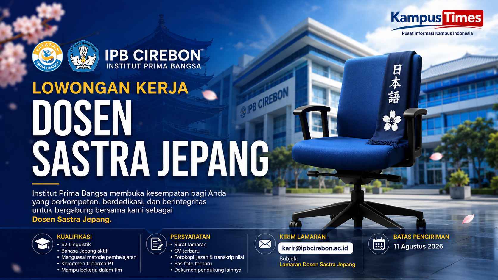 Lowongan Dosen Sastra Jepang IPB Cirebon 2026, S2 Linguistik Bisa Daftar