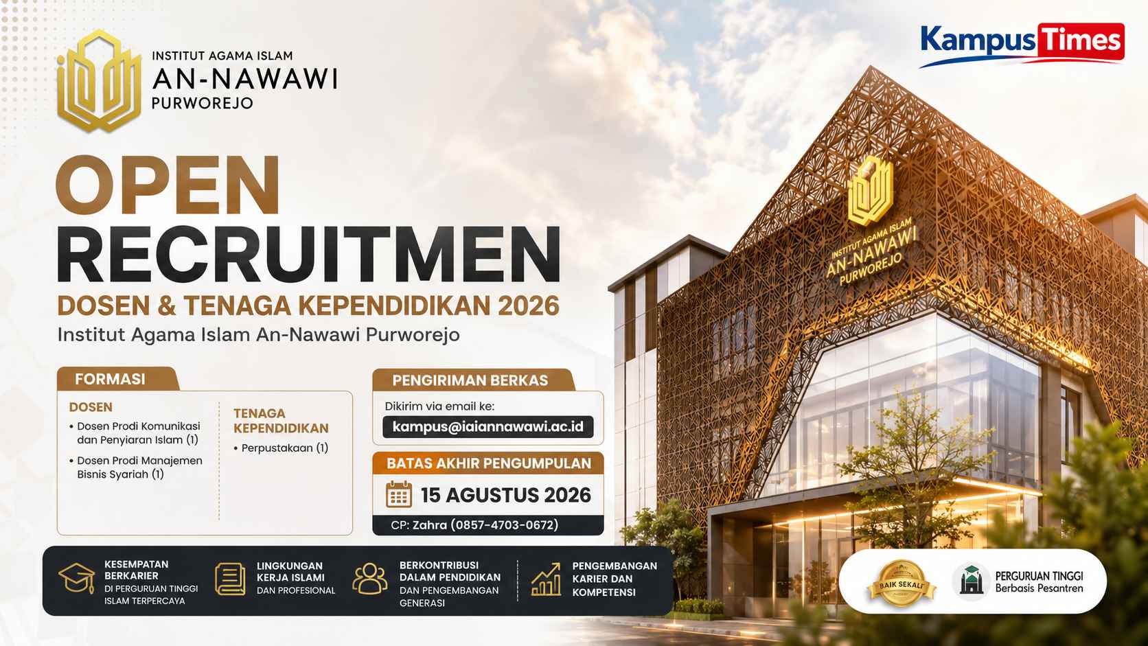 Lowongan Dosen IAI An-Nawawi Purworejo 2026, Buka 3 Formasi hingga 15 Agustus