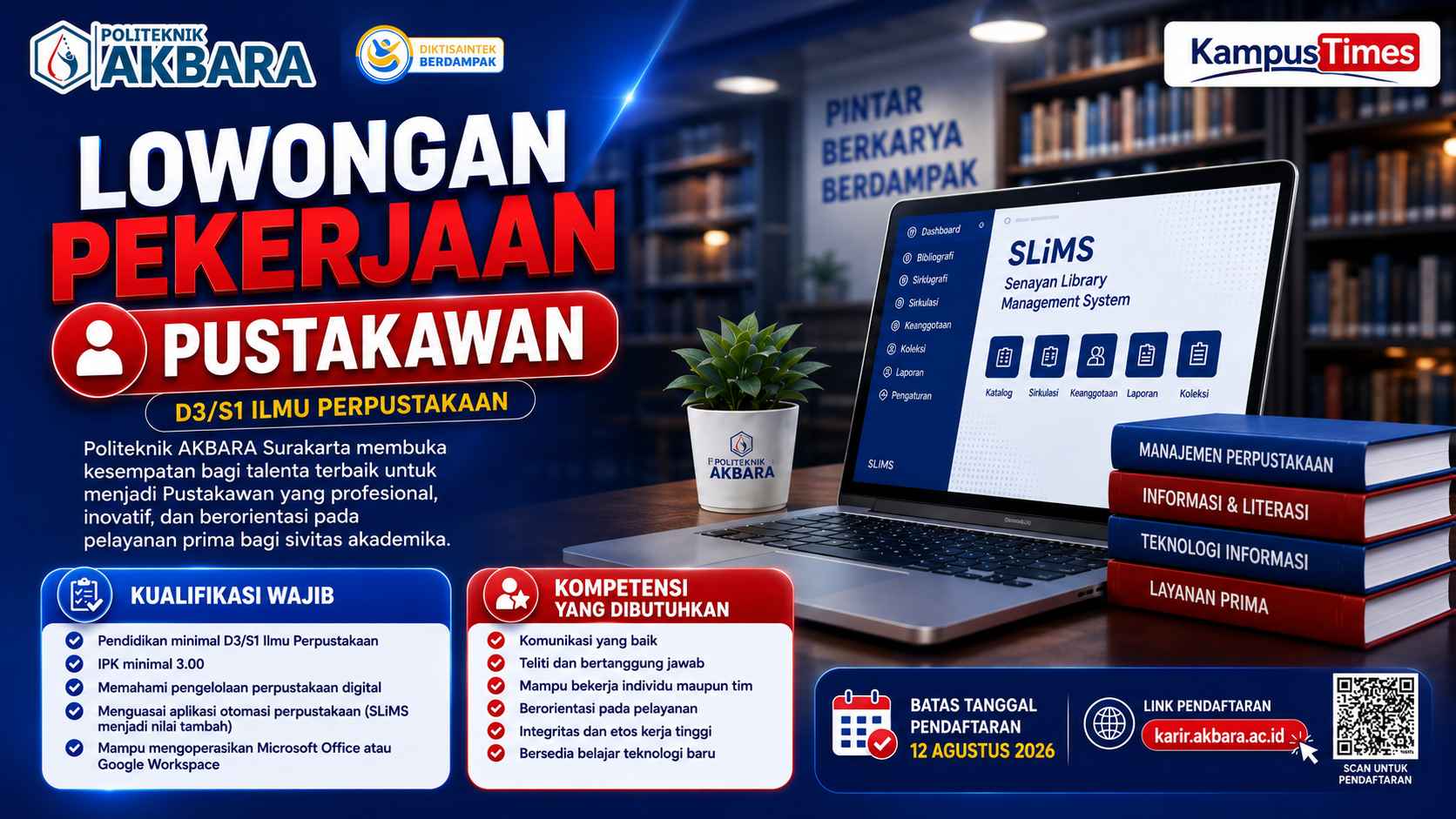 Lowongan Pustakawan Politeknik AKBARA Surakarta 2026, D3/S1 Ilmu Perpustakaan, Daftar hingga 12 Agustus