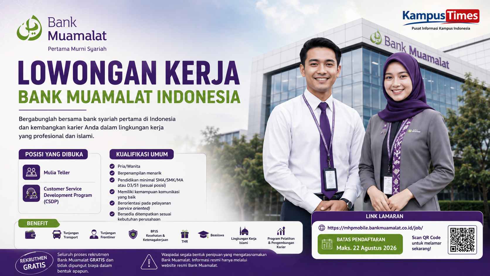 Lowongan Kerja Bank Muamalat 2026 Dibuka, Ada Posisi Teller dan Customer Service