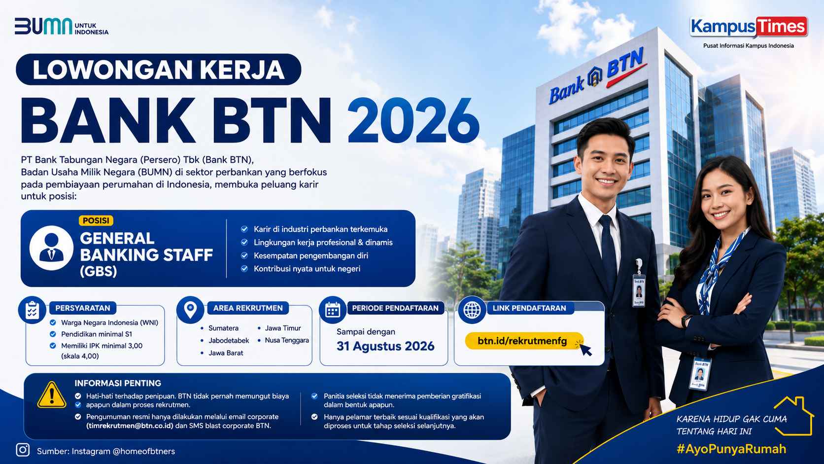 Lowongan Kerja Bank BTN 2026 Dibuka, General Banking Staff untuk Lulusan S1