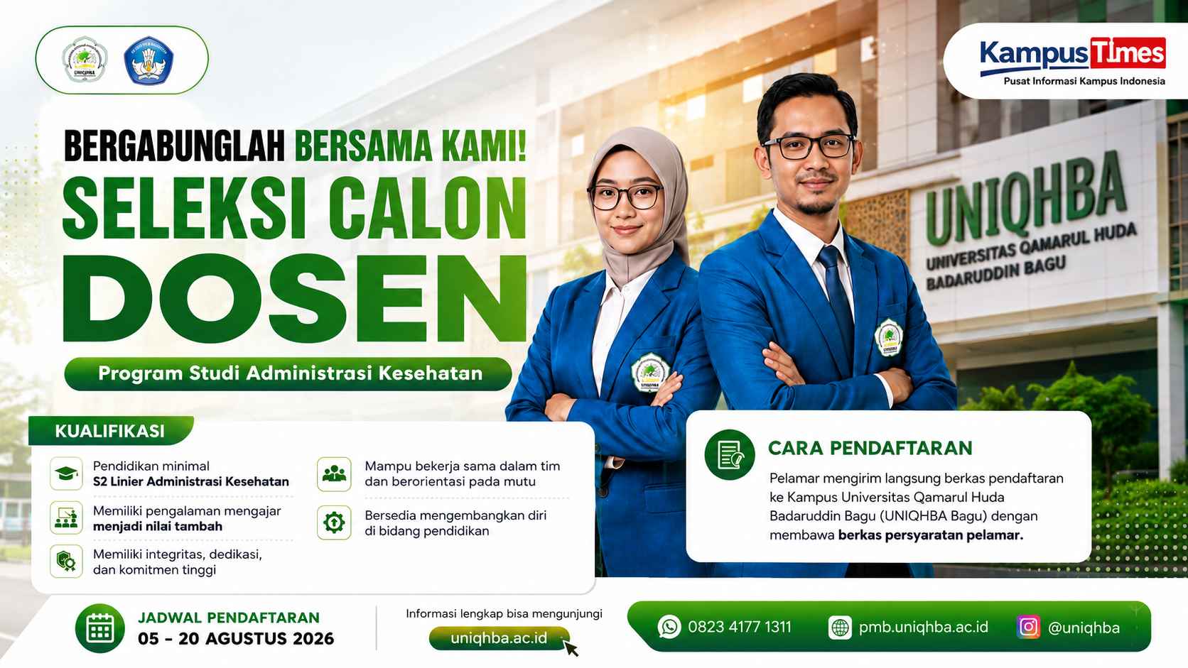 Lowongan Dosen UNIQHBA Bagu 2026, Pendaftaran Dibuka hingga 20 Agustus