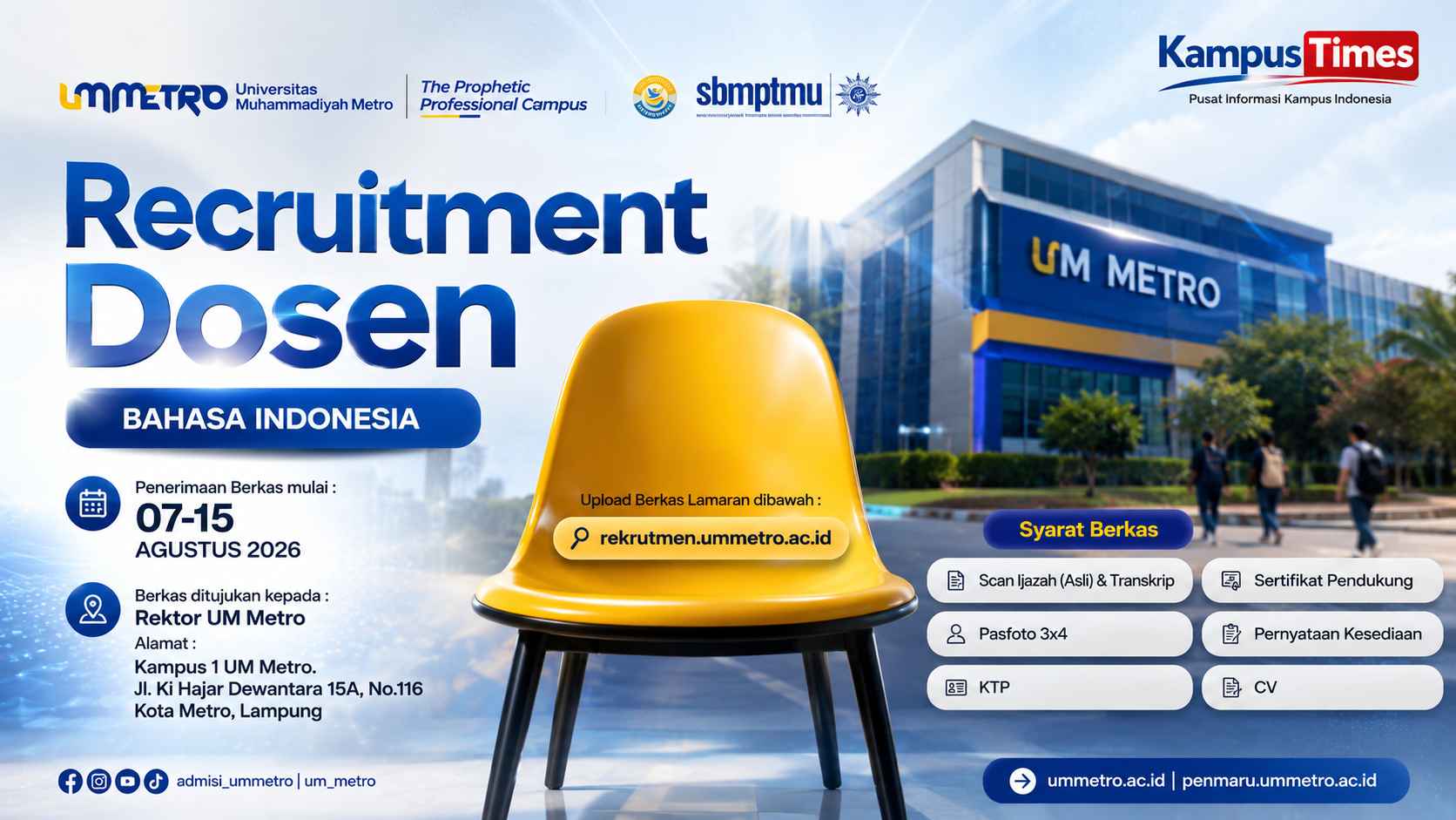 Lowongan Dosen Bahasa Indonesia UM Metro 2026, Cek Jadwal dan Syarat Berkas