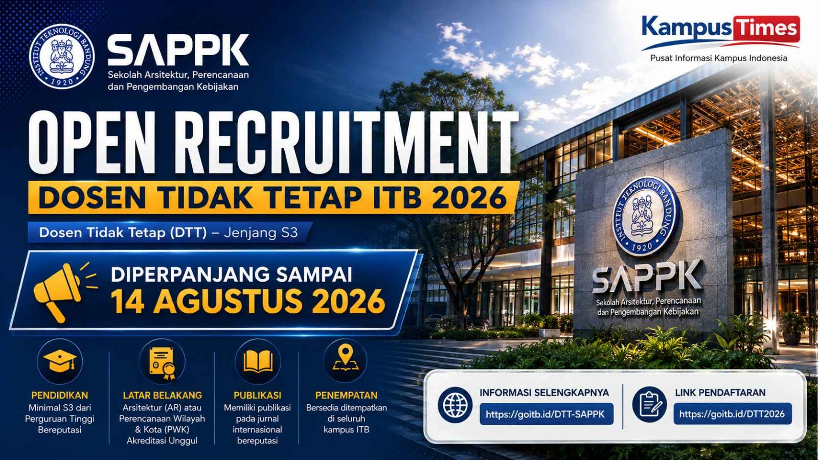 Rekrutmen Dosen Tidak Tetap ITB 2026 Diperpanjang, Cek Syarat dan Formasinya