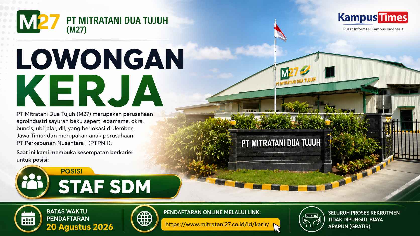 Lowongan Kerja PT Mitratani Dua Tujuh 2026, Buka Posisi Staf SDM hingga 20 Agustus