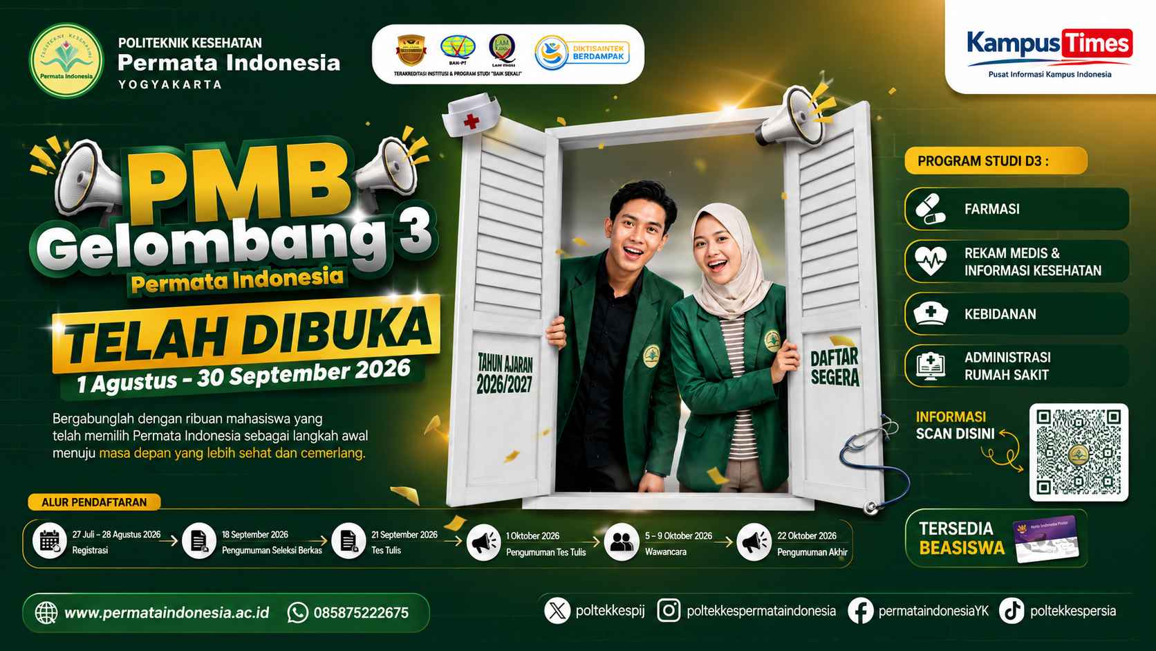 PMB Gelombang 3 Poltekkes Permata Indonesia Yogyakarta 2026 Dibuka, Cek Prodi dan Cara Daftar