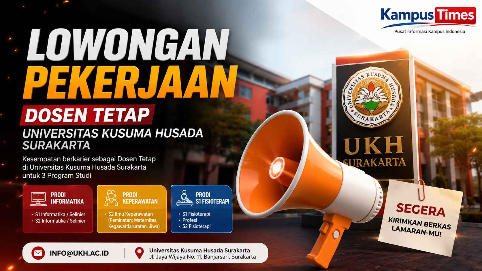 Lowongan Dosen Tetap Universitas Kusuma Husada Surakarta 2026, Buka 3 Prodi