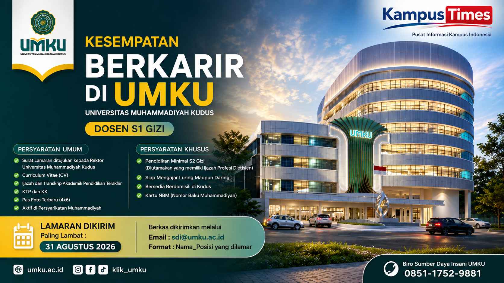 Lowongan Dosen S1 Gizi UMKU 2026, Dibuka hingga 31 Agustus