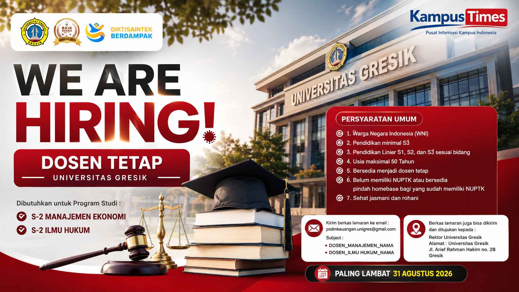 Lowongan Dosen Universitas Gresik 2026, Buka Formasi S2 Manajemen Ekonomi dan Ilmu Hukum