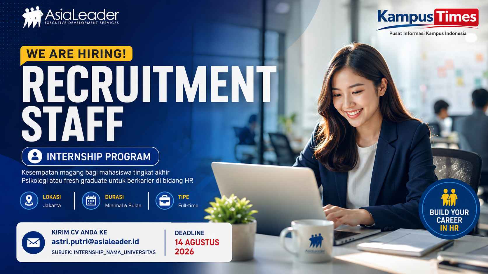Lowongan Internship Recruitment Staff AsiaLeader 2026, Terbuka untuk Mahasiswa Psikologi dan Fresh Graduate