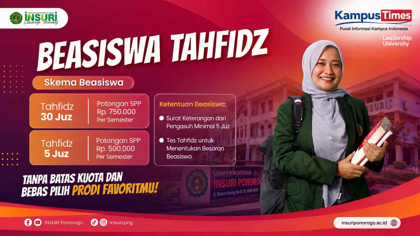 Beasiswa Tahfidz INSURI Ponorogo Buka, Potongan SPP hingga Rp750 Ribu per Semester