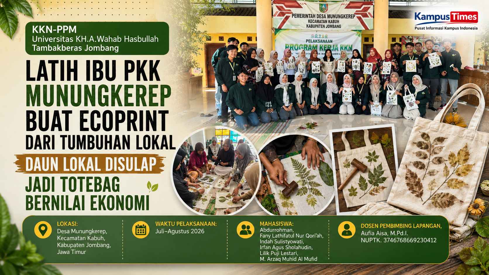 KKN-PPM Universitas KH.A.Wahab Hasbullah Tambakberas Jombang Latih Ibu PKK Munungkerep Buat Ecoprint dari Tumbuhan Lokal