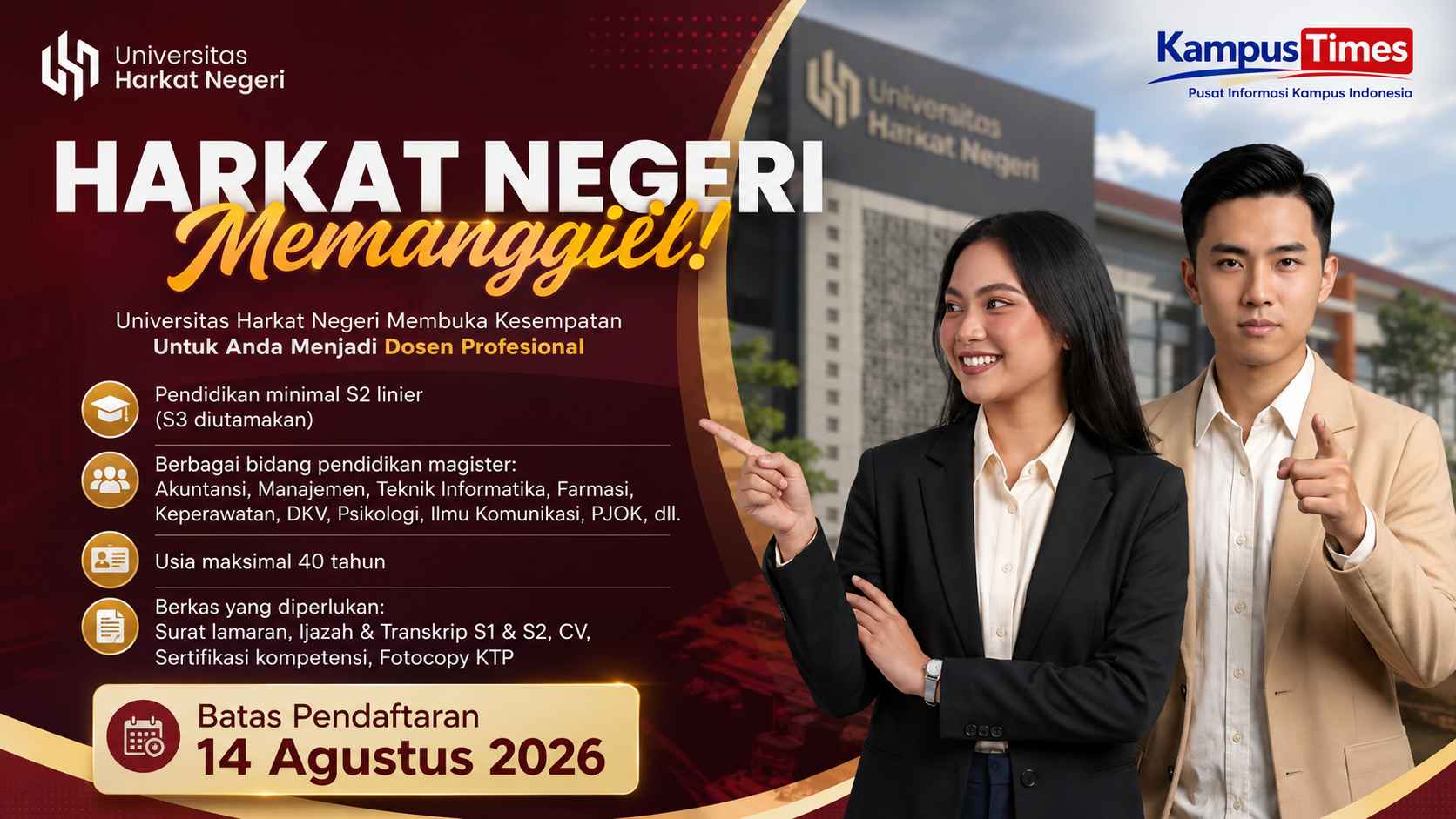 Lowongan Dosen Universitas Harkat Negeri 2026 Dibuka, Cek Syarat dan Berkasnya