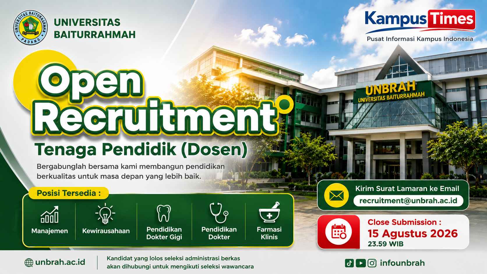 Lowongan Dosen Universitas Baiturrahmah 2026, Buka untuk 5 Bidang Akademik
