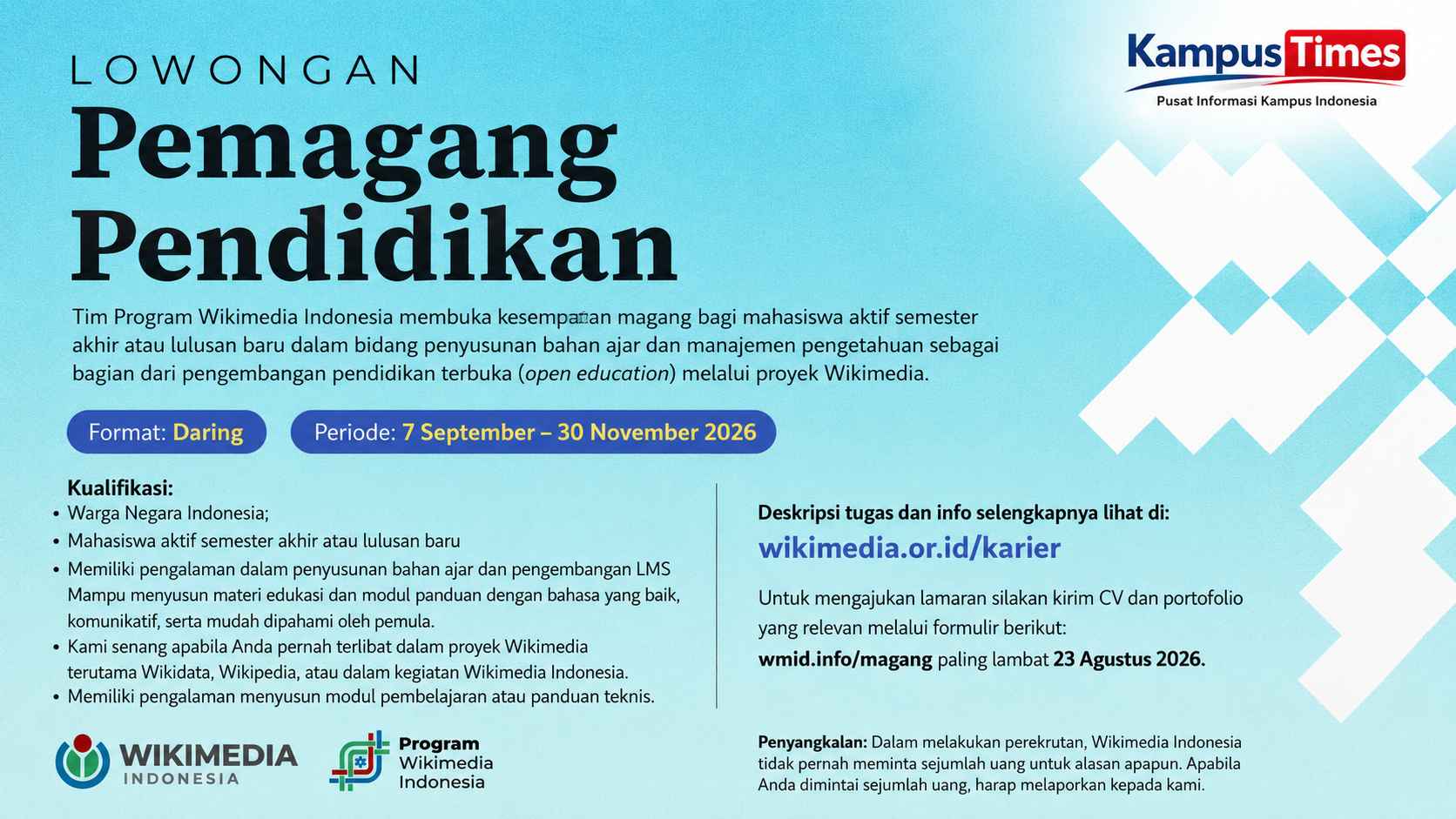 Wikimedia Indonesia Buka Lowongan Magang Pendidikan 2026, Cek Syarat dan Cara Daftarnya