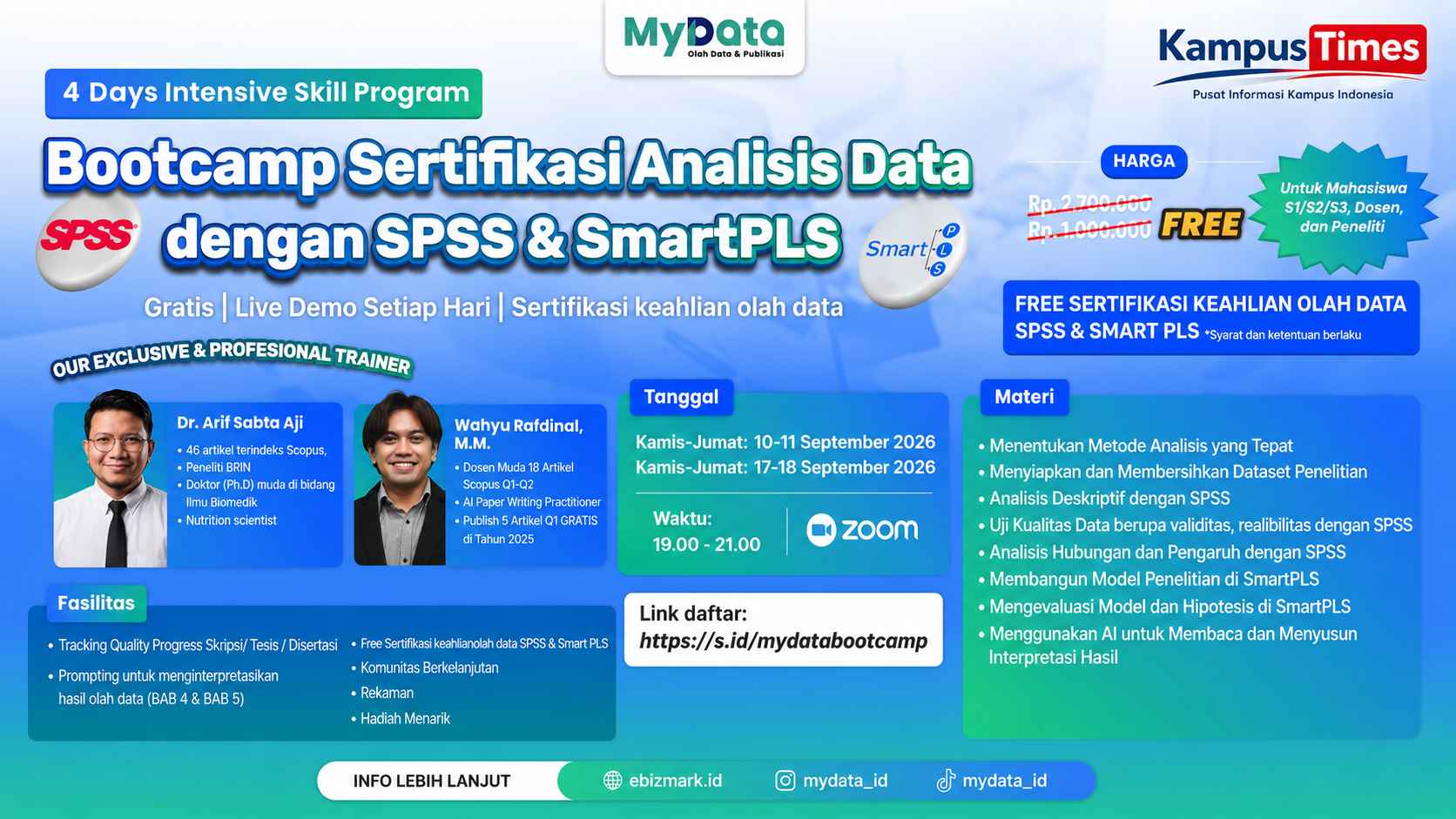 Bootcamp Analisis Data Gratis MyData 2026: Belajar SPSS dan SmartPLS, Dapat Sertifikasi
