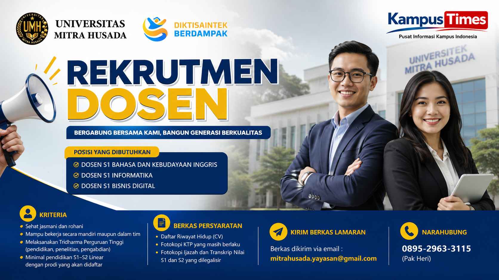 Lowongan Dosen Universitas Mitra Husada 2026, Buka 3 Posisi