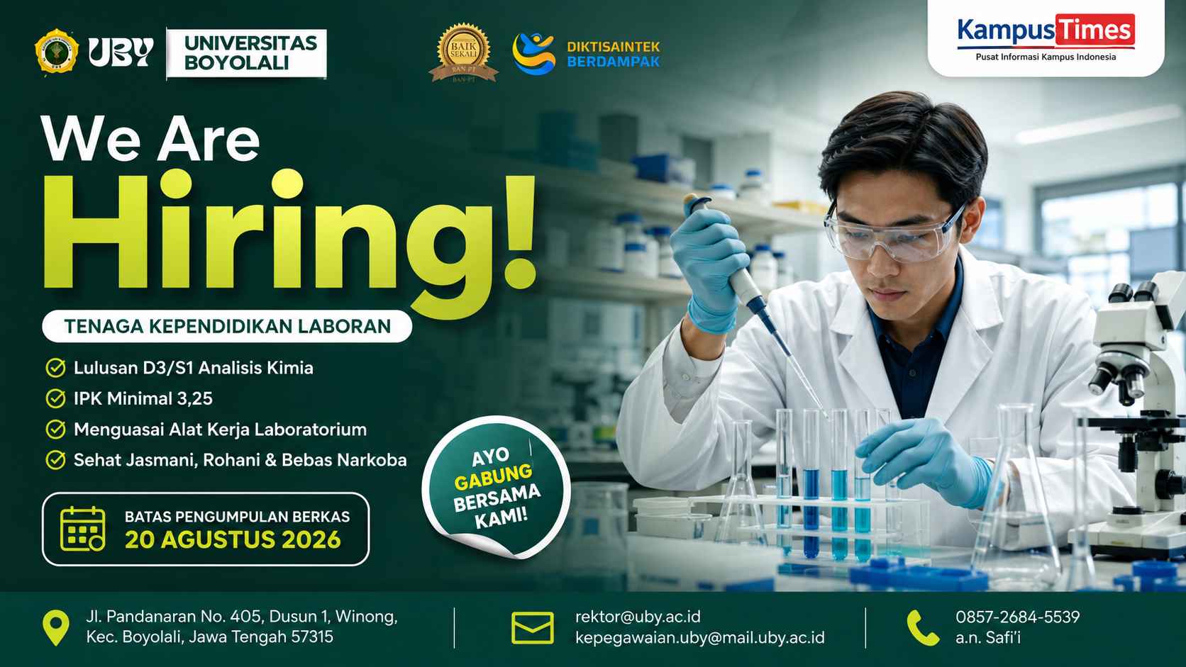 Lowongan Laboran Universitas Boyolali 2026, Cek Syarat dan Cara Daftarnya