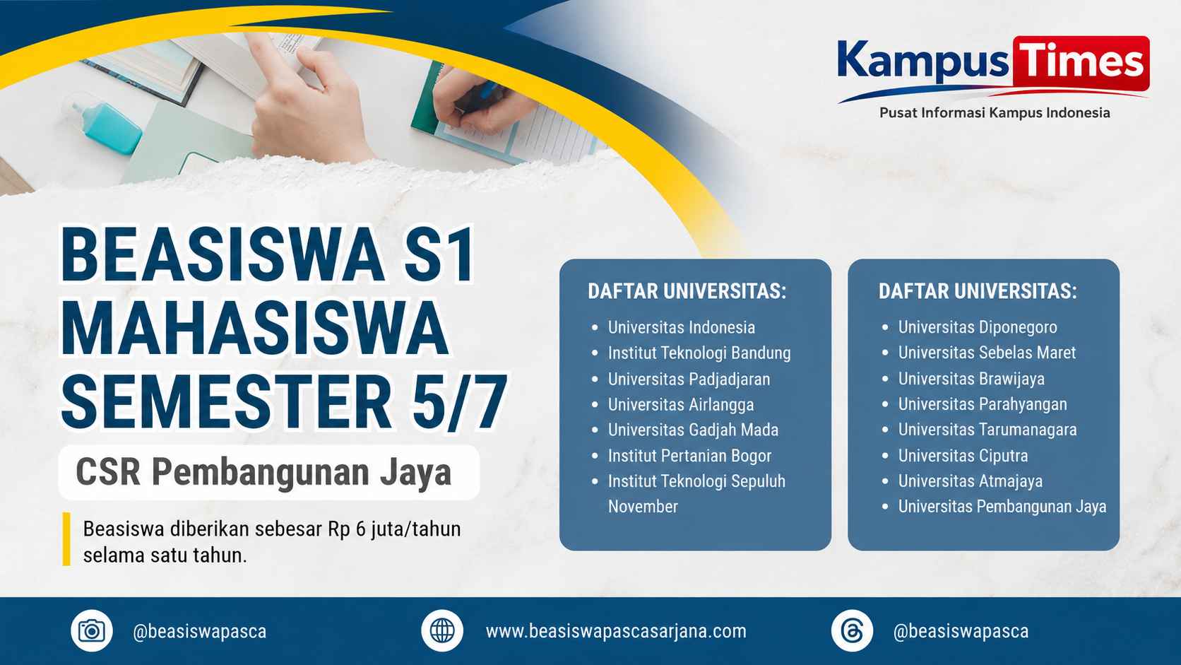 Beasiswa S1 Semester 5 dan 7: Bantuan Rp6 Juta dari CSR Pembangunan Jaya
