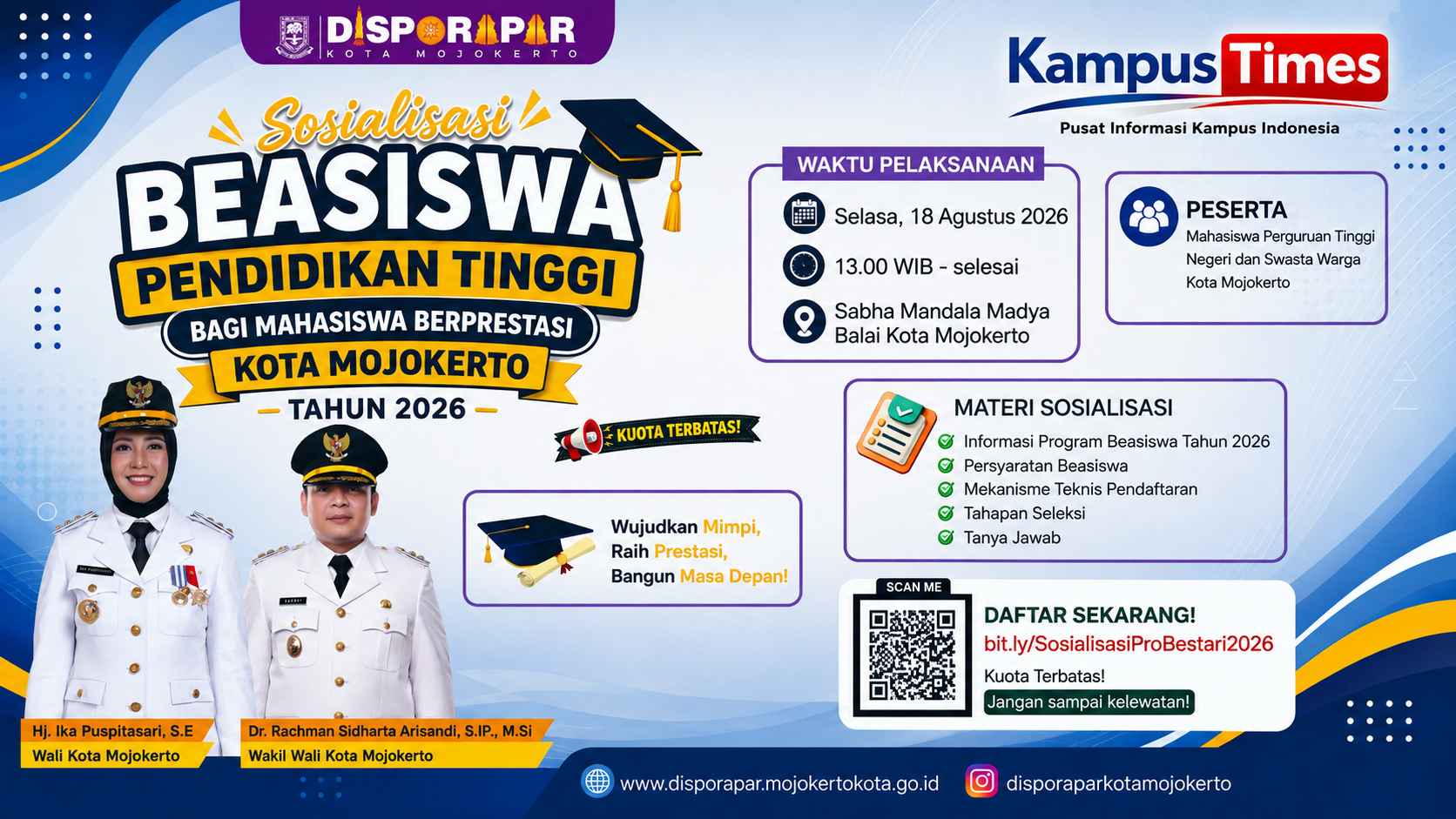 Beasiswa Pendidikan Tinggi Kota Mojokerto 2026 untuk Mahasiswa Berprestasi, Simak Syarat dan Cara Daftarnya