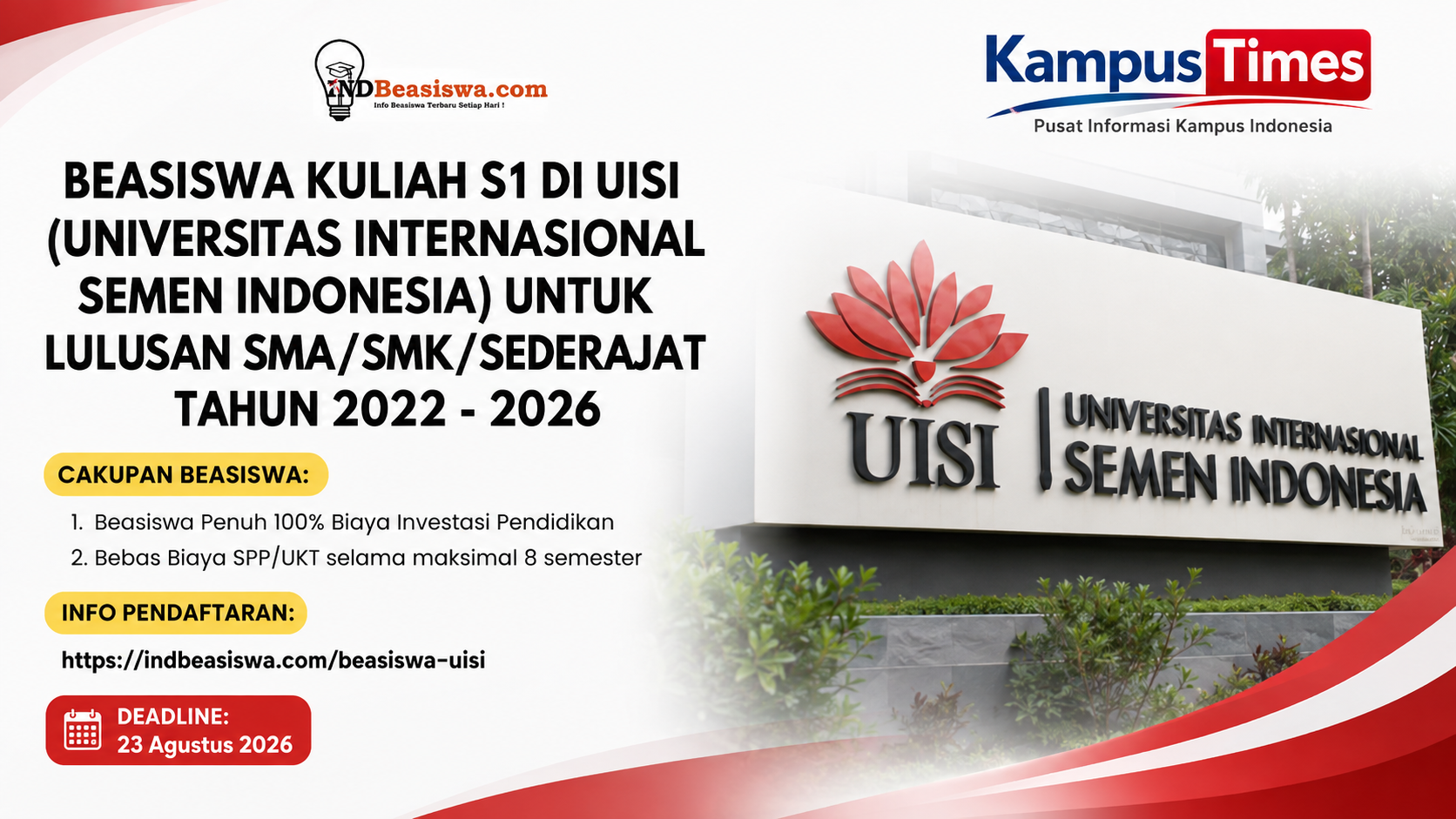 Beasiswa Kuliah S1 UISI 2026 Dibuka, Gratis Biaya Pendidikan hingga 8 Semester