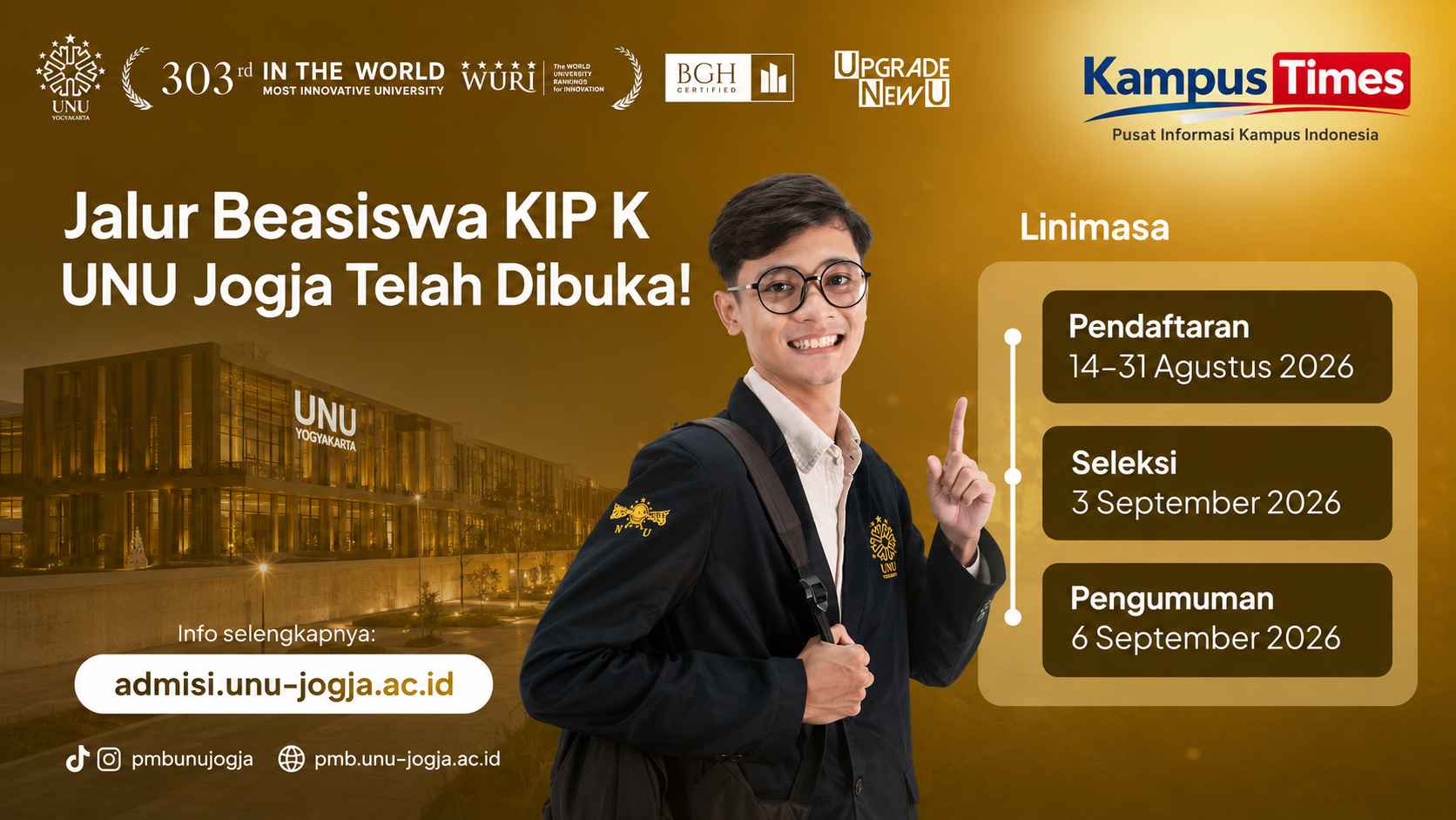 Beasiswa KIP-K UNU Jogja 2026 Dibuka, Cek Jadwal Pendaftaran dan Seleksinya