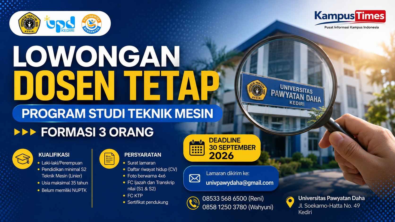 Lowongan Dosen Tetap Teknik Mesin Universitas Pawyatan Daha 2026, Formasi 3 Orang