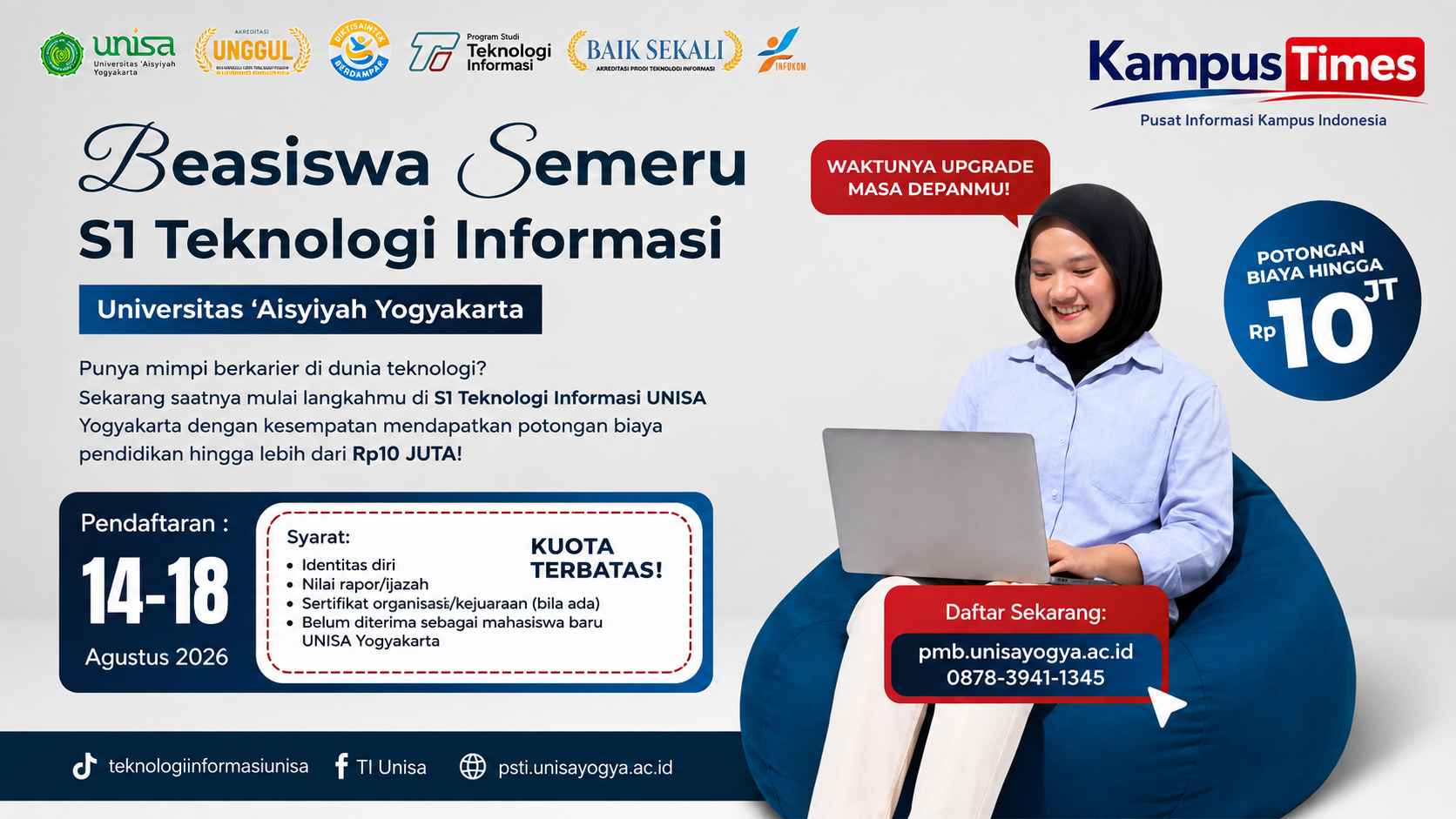 Beasiswa Semeru S1 Teknologi Informasi UNISA Yogyakarta Buka Pendaftaran, Potongan Biaya hingga Rp10 Juta