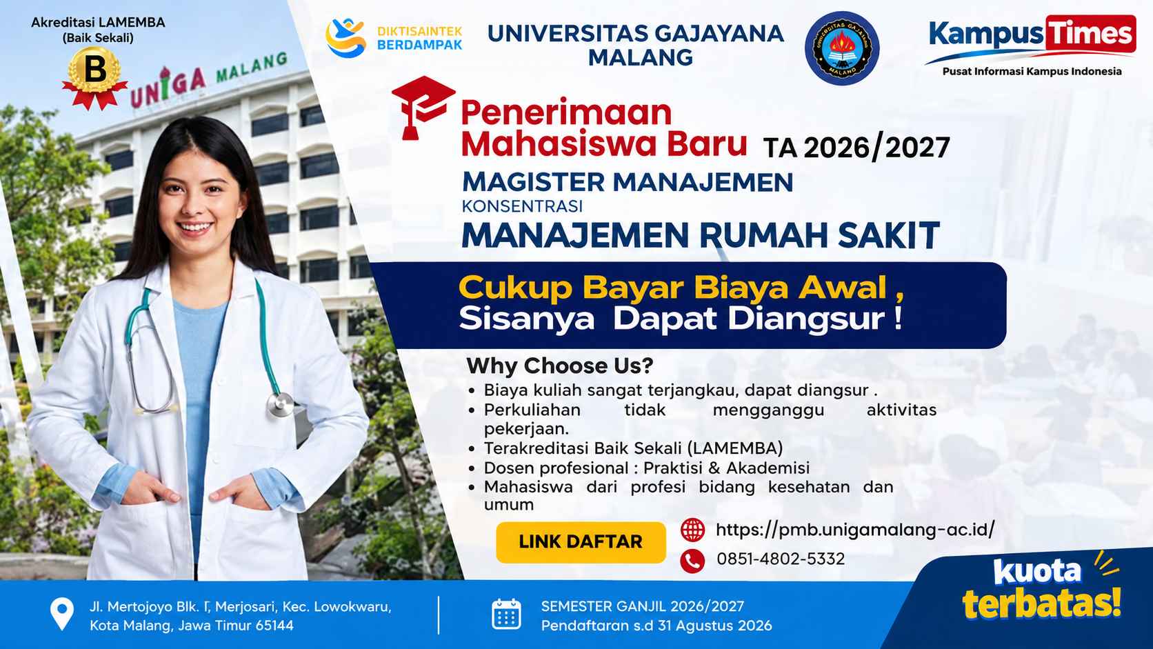 PMB Magister Manajemen UNIGA Malang 2026/2027 Dibuka, Ada Konsentrasi Manajemen Rumah Sakit
