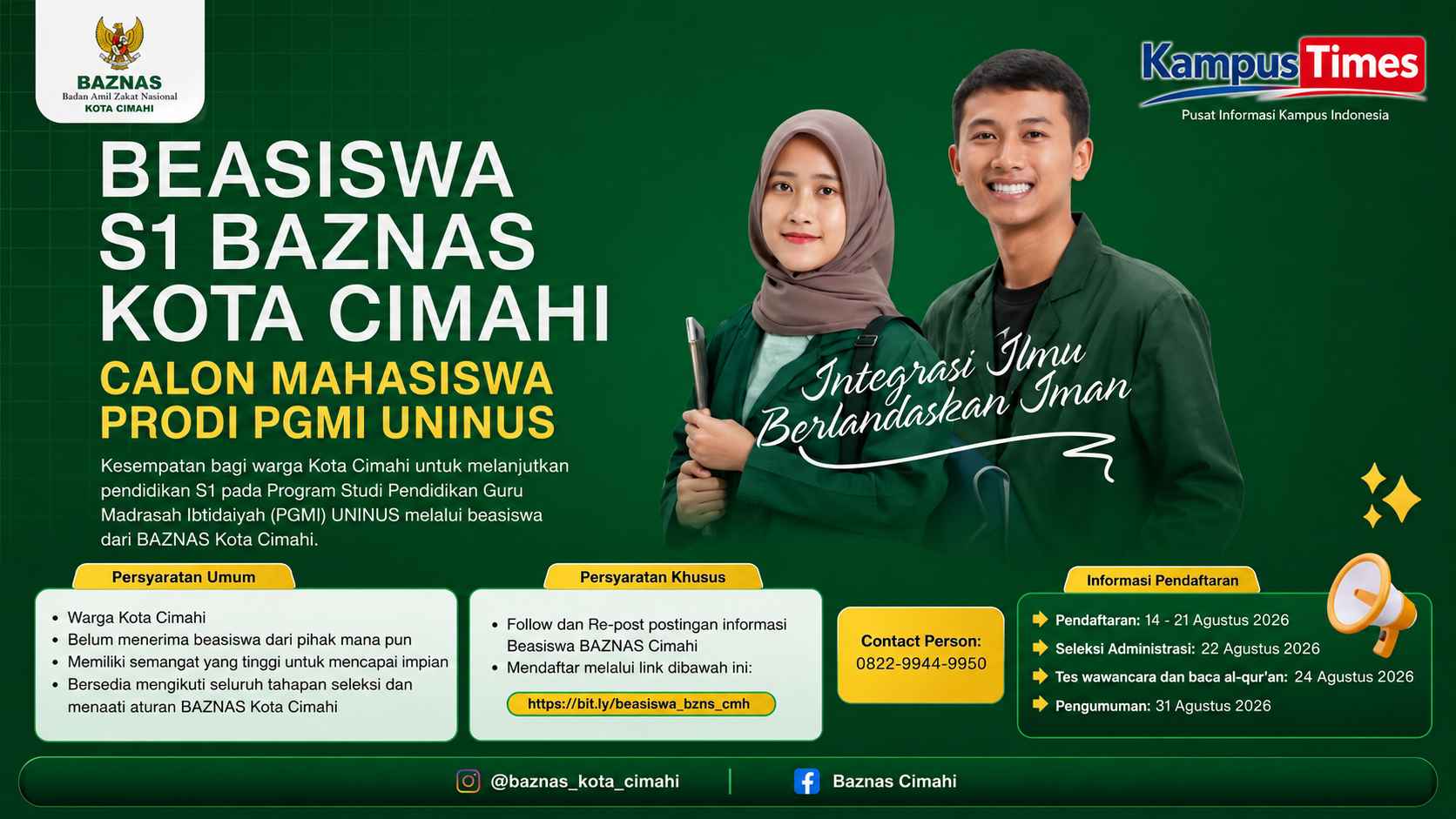 Beasiswa S1 BAZNAS Kota Cimahi 2026 untuk Calon Mahasiswa PGMI UNINUS, Cek Syarat dan Jadwalnya