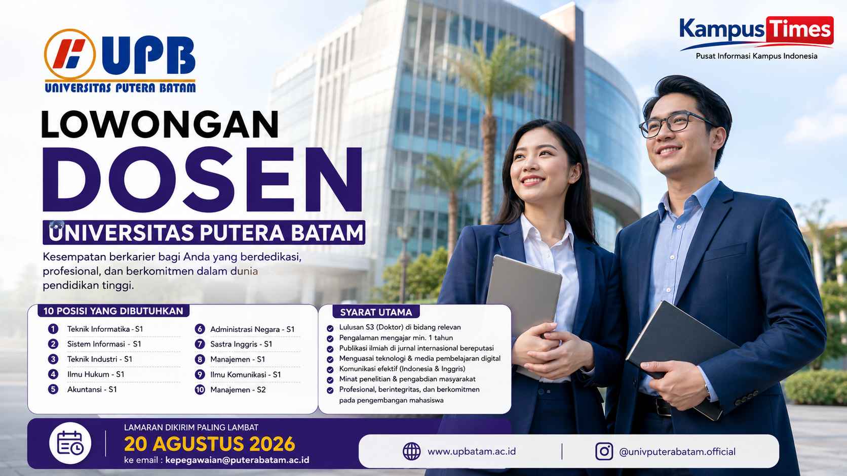 Lowongan Dosen Universitas Putera Batam 2026, Buka 10 Posisi