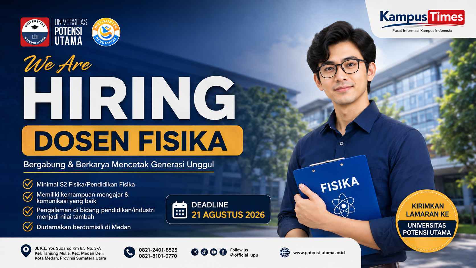Lowongan Dosen Fisika Universitas Potensi Utama Medan 2026, Cek Syarat dan Deadline