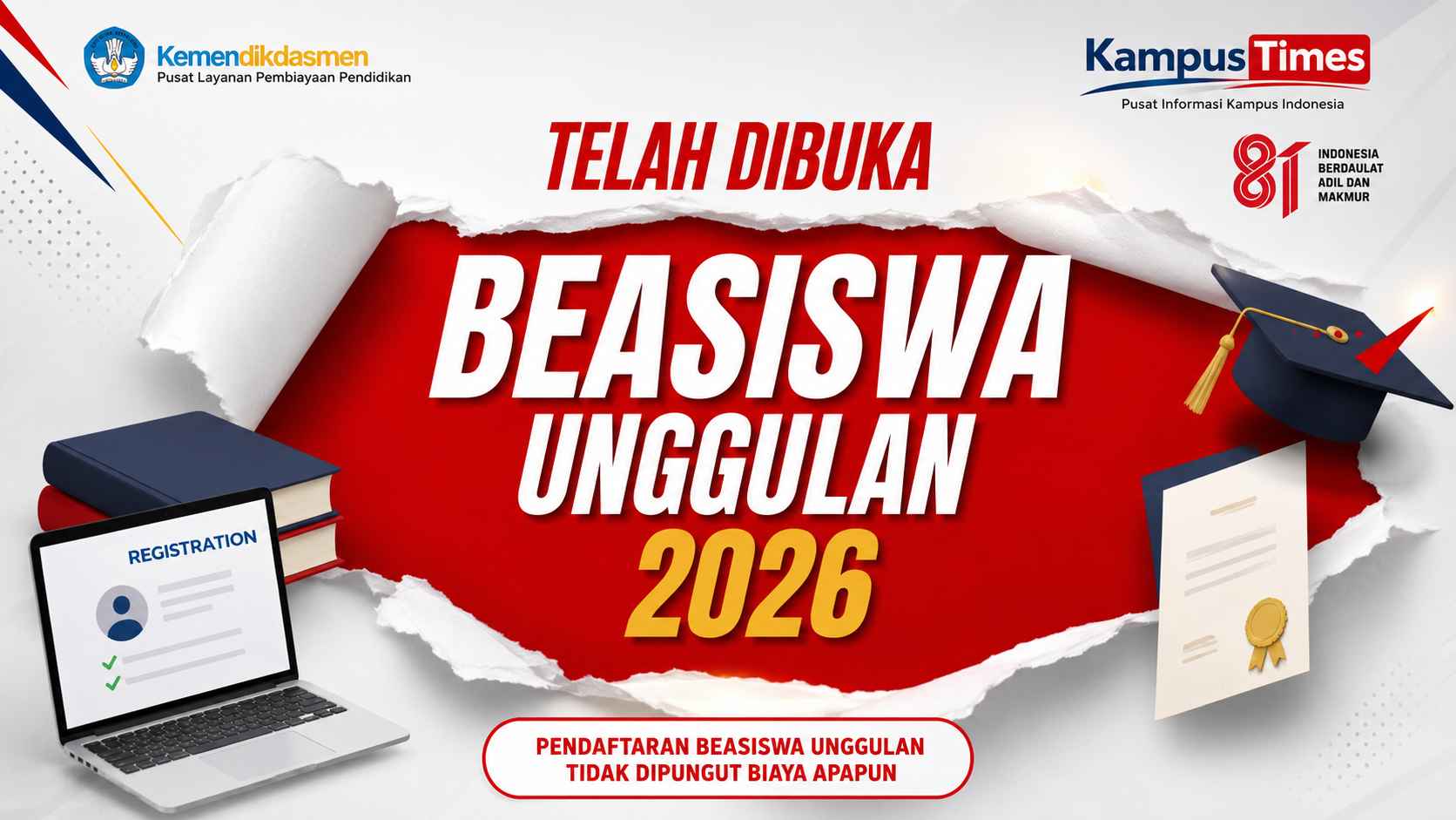 Beasiswa Unggulan 2026 Resmi Dibuka, Pendaftaran Gratis untuk Pelajar Berprestasi