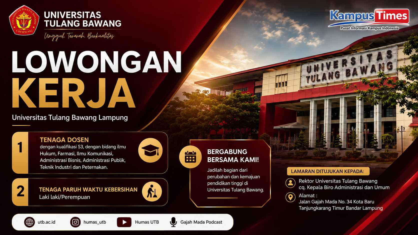 Lowongan Kerja Universitas Tulang Bawang Lampung 2026: Buka Posisi Dosen dan Paruh Waktu