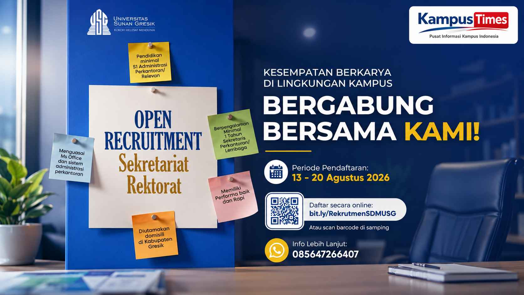 Lowongan Sekretariat Rektorat Universitas Sunan Gresik 2026, Cek Syarat dan Cara Daftarnya