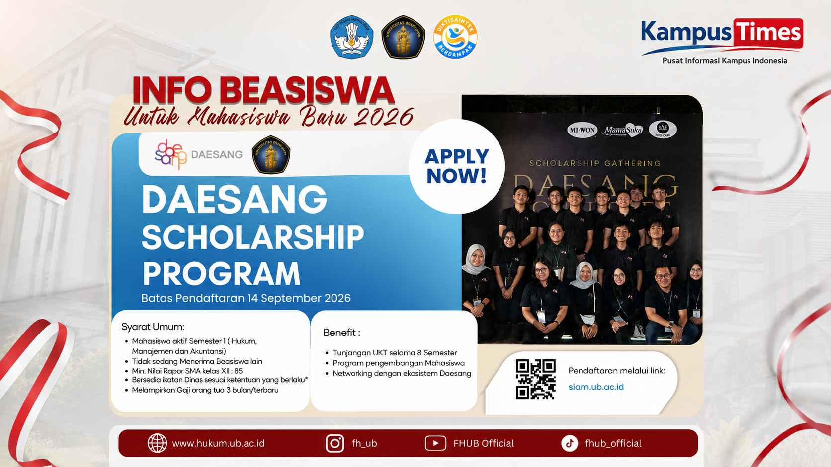 Beasiswa Daesang Scholarship Program 2026 untuk Mahasiswa Baru UB, Tunjangan UKT hingga 8 Semester
