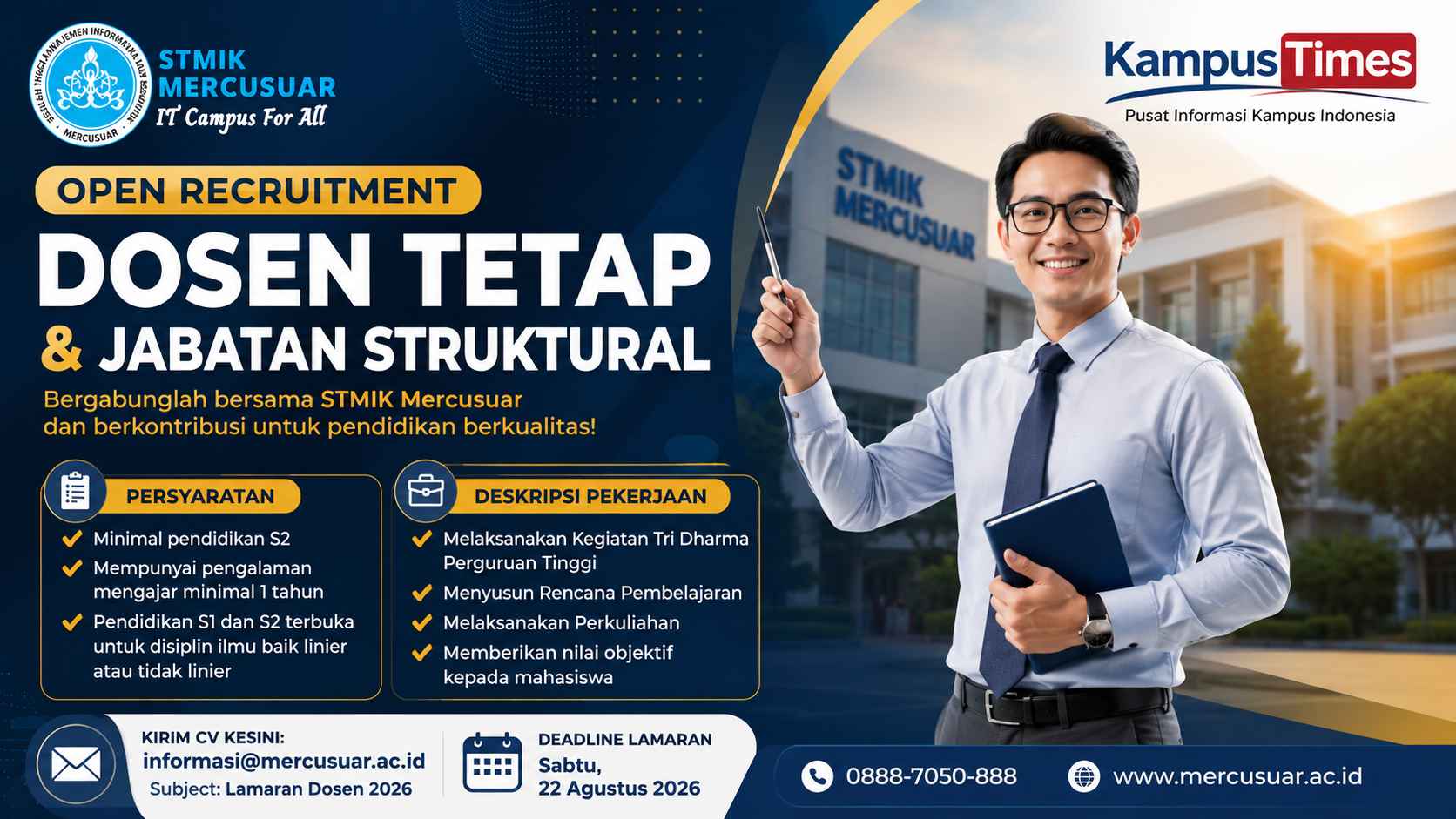 Lowongan Dosen Tetap STMIK Mercusuar 2026, Cek Syarat dan Cara Melamarnya