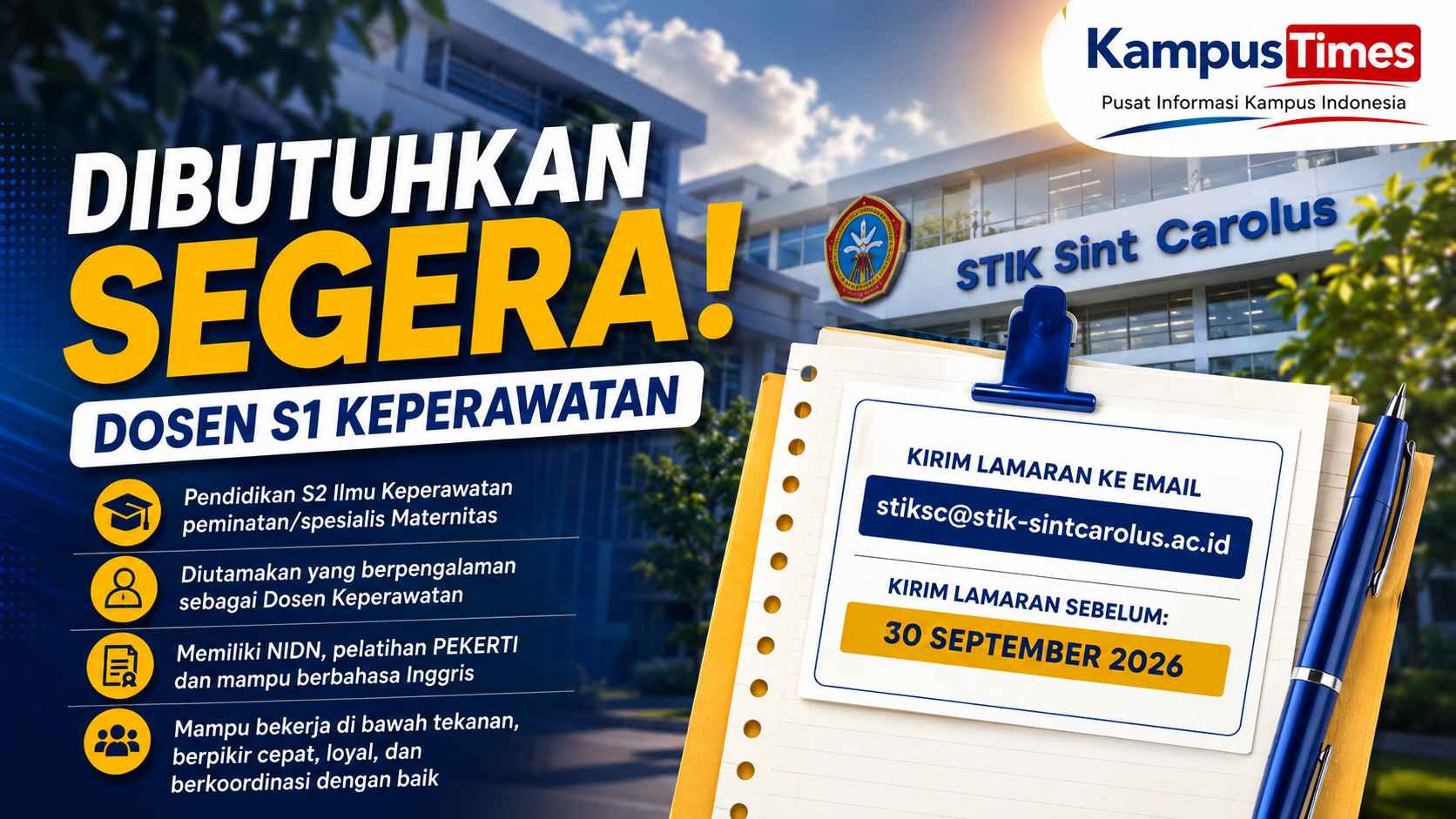 Lowongan Dosen STIK Sint Carolus 2026, Dibuka untuk S1 Keperawatan