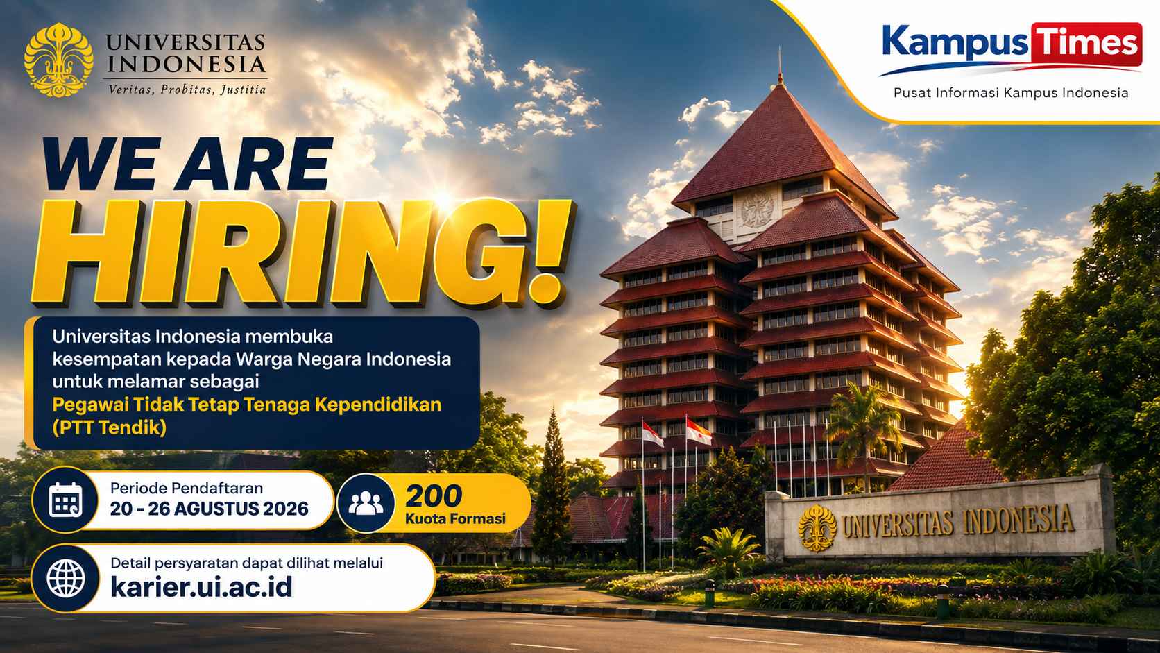Lowongan Universitas Indonesia 2026: Buka 200 Formasi PTT Tenaga Kependidikan, Cek Syarat dan Cara Daftar