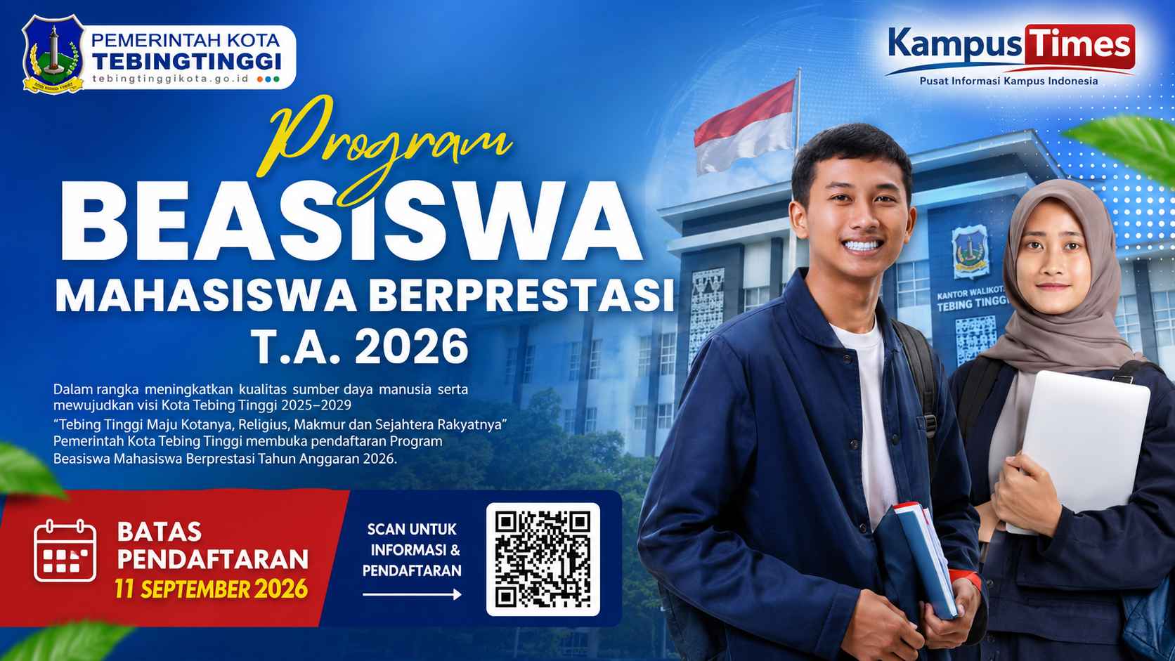 Beasiswa Mahasiswa Berprestasi Tebing Tinggi 2026 Dibuka, Daftar Sebelum 11 September